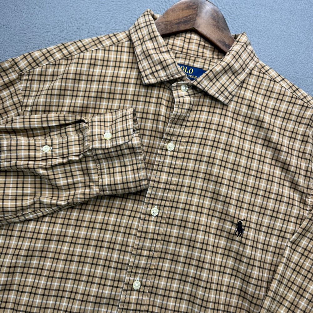 Polo Ralph Lauren Button Down Shirt Mens XL Tan Plaid Cotton Classic Fit Preppy